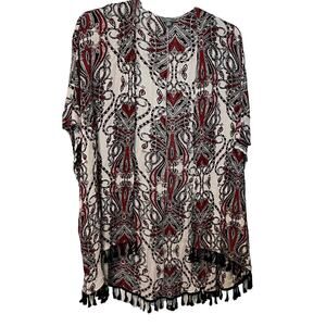 VIZIO USA OPEN FRONT COVER-UP, WOMENS, M, WHITE RED BLACK PAISLEY,  LACE FRINGE